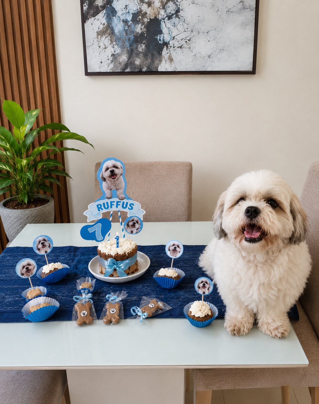 Mesa decorada com bolo e petiscos artesanais para festa de AUniversário pet da Chef Pet Gourmet